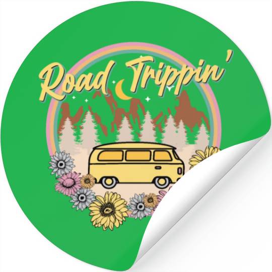 Retro Groovy Road Trip Stickers with Van Flowers