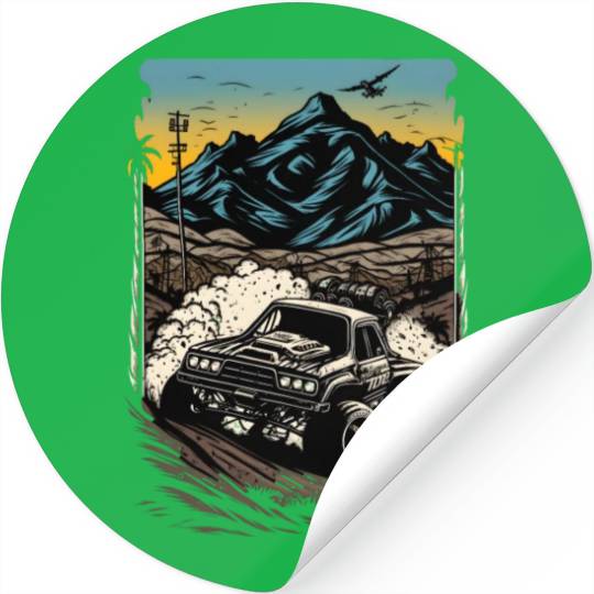 dirt racing car drawing with mountains Stickers