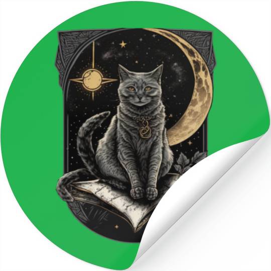 The Moon Tarot Card Celestial Cat Occult Ritual Stickers