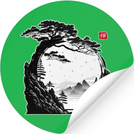 Japanese Zen Circle Landscape Buddhism Bonsai Tree Stickers