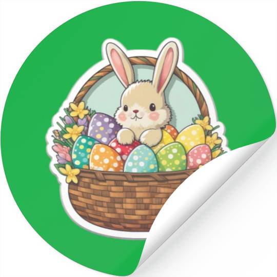 Cute Easter Bunny with a Basket of Decorated Easte Stickers