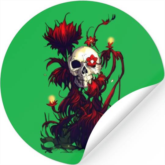 Radiant Decay A Skull Surrounded by Red Flowers Stickers