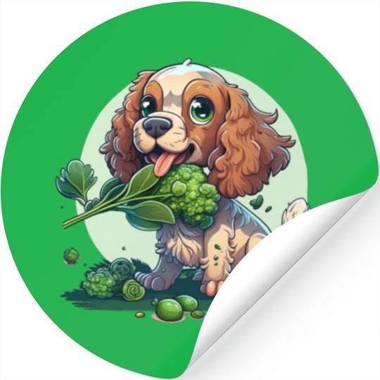 Cute dog eats green broccoli vegetables Stickers