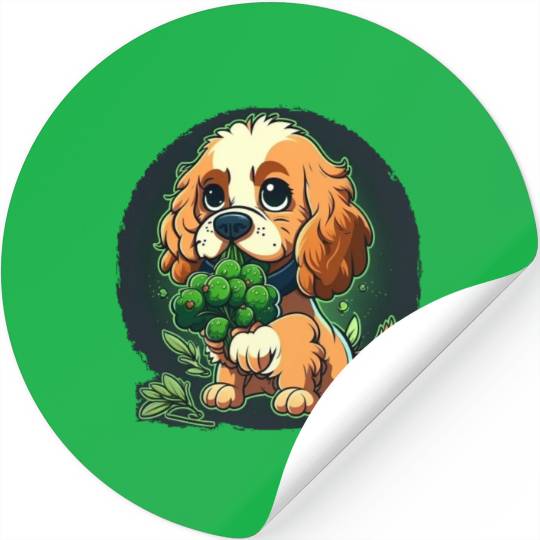 Cute dog eats green broccoli vegetables Stickers