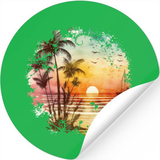 Beach Sunset Watercolor Design Art 1 Stickers
