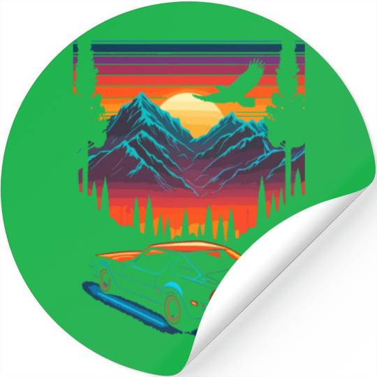 1980s Muscle Car and Retro Neon Mountain Sunset Stickers