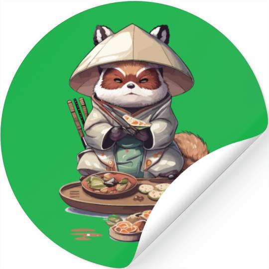 Tanuki Warrior Eat Sushi Stickers