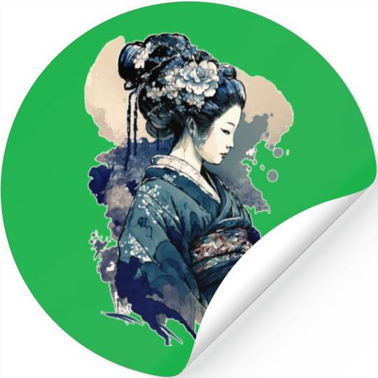 Geisha Watercolor Sea Waves Asian Art Woman Stickers