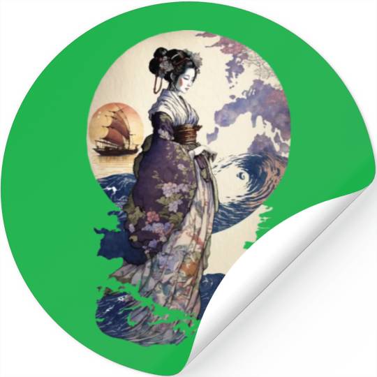 Geisha Watercolor Sea Waves Asian Art Woman Poster Stickers