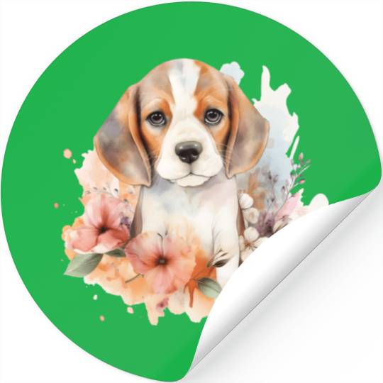 Beagle Puppy Dog Watercolor Floral Stickers