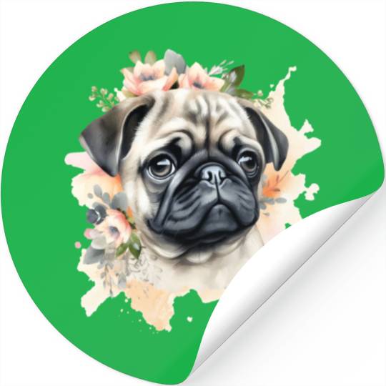 Pug Dog Watercolor Floral Stickers