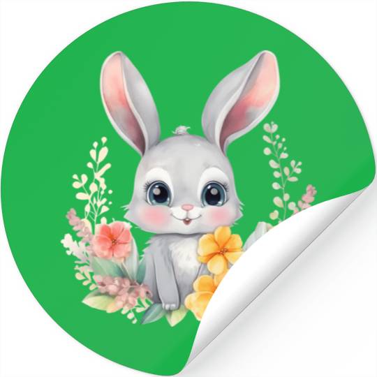 Grey Bunny Rabbit Watercolor Floral Stickers