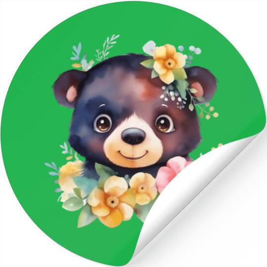 Black and Brown Forest Bear Watercolor Floral Stickers