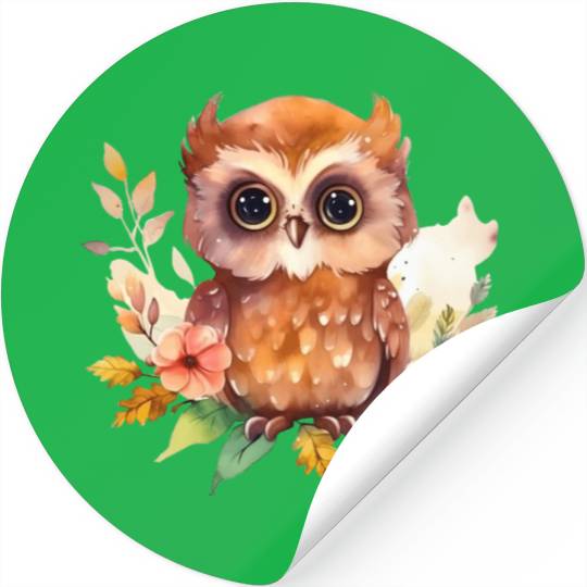 Brown Owl Forest Animal Watercolor Floral Stickers
