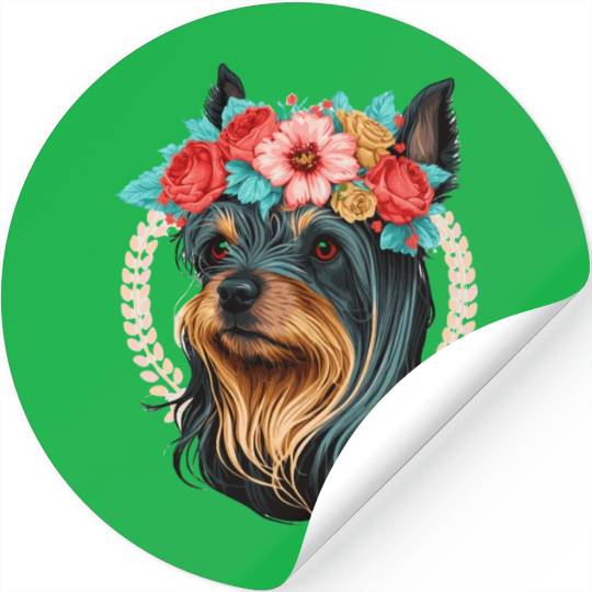 Cute Yorkshire Terrier Flower Crown Pet Dog Breed Stickers