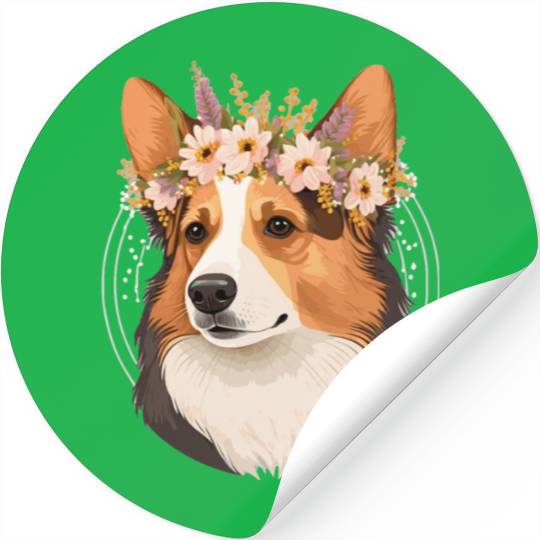 Cute Welsh Corgi Flower Crown Pet Dog Breed Floral Stickers