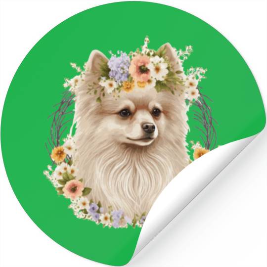 Cute Pomeranian Pom Flower Crown Pet Dog Breed Flo Stickers