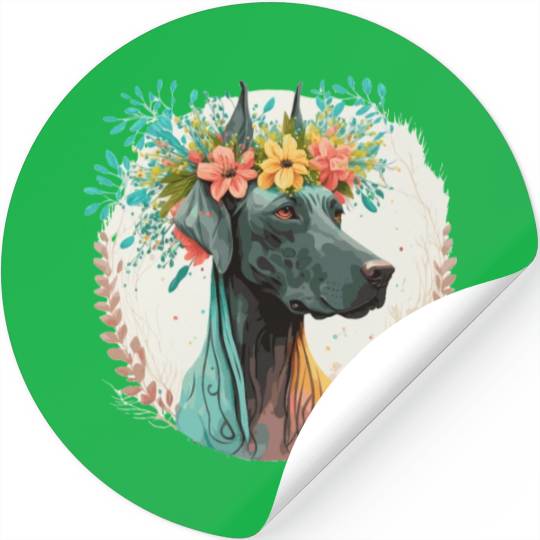 Cute Great Dane Flower Crown Pet Dog Breed Floral Stickers