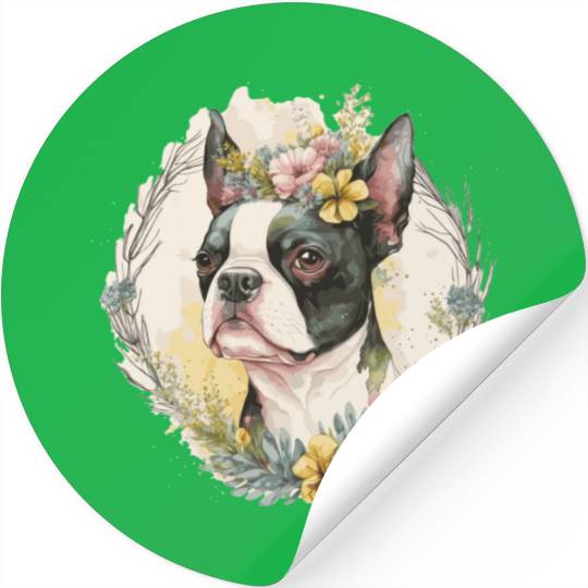 Cute Boston Terrier Flower Crown Pet Dog Breed Flo Stickers