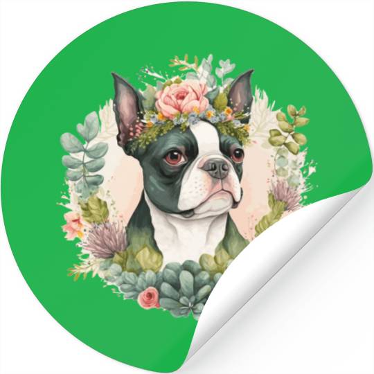 Cute Boston Terrier Flower Crown Pet Dog Floral Pu Stickers