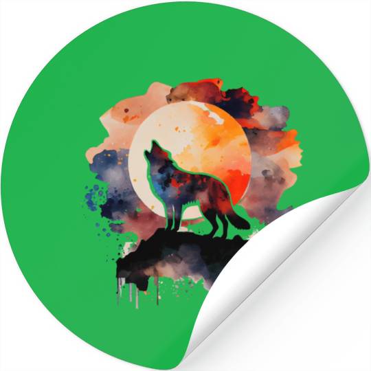 Wolf Howling at Moon Watercolor Stickers