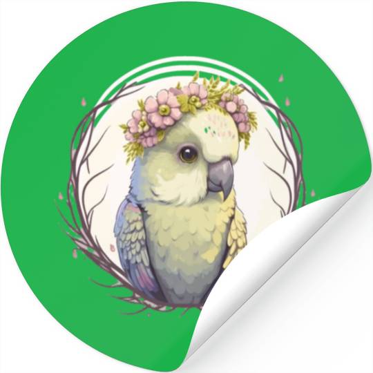 Artistic Watercolor Parakeet Bird Flower Crown Pet Stickers