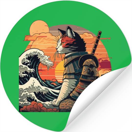 Retro samurai cat The Great Wave Hokusai Stickers