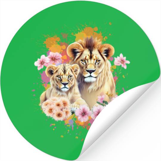 Lion Mom & Son Cubs with Flower Watercolor Stickers