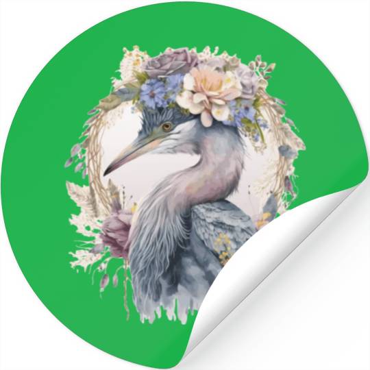 Watercolor Heron Freshwater Bird Watching Flower C Stickers