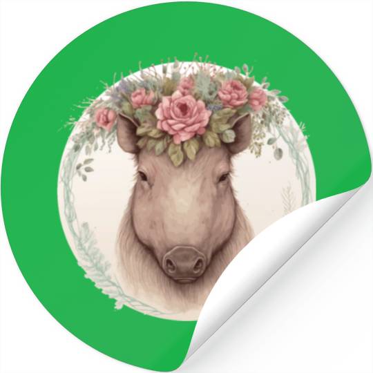 Cute Wild Boar Watercolor Flower Crown Animal Love Stickers