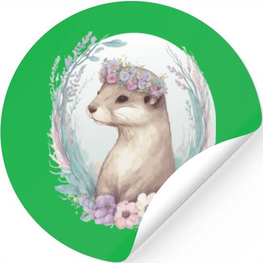 Cute Watercolor Otter Flower Crown Floral Boho Ani Stickers