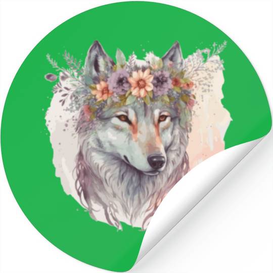 Artistic Watercolor Wolf Flower Crown Floral Anima Stickers