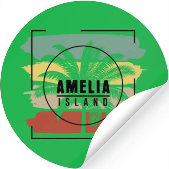 Amelia Island Florida Palm Tree Retro Artistic Stickers
