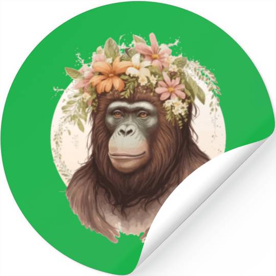 Cute Watercolor Orangutan Flower Crown Floral Stickers