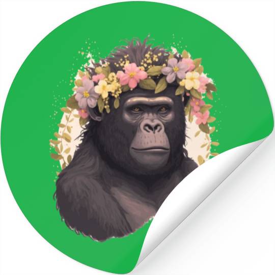 Watercolor Gorilla Flower Crown Africa Safari Anim Stickers