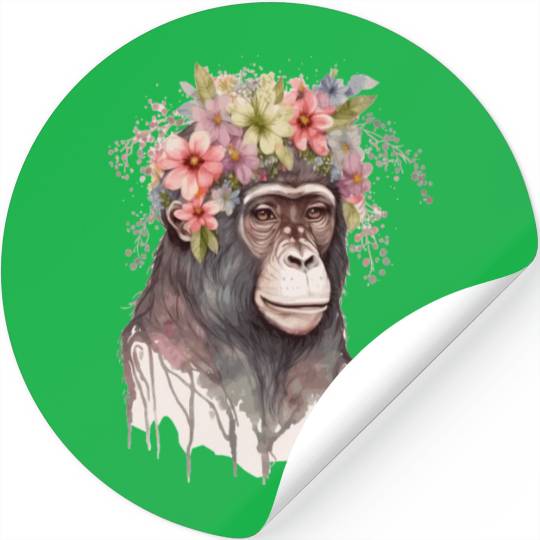 Cute Monkey Flower Crown Floral Watercolor Stickers