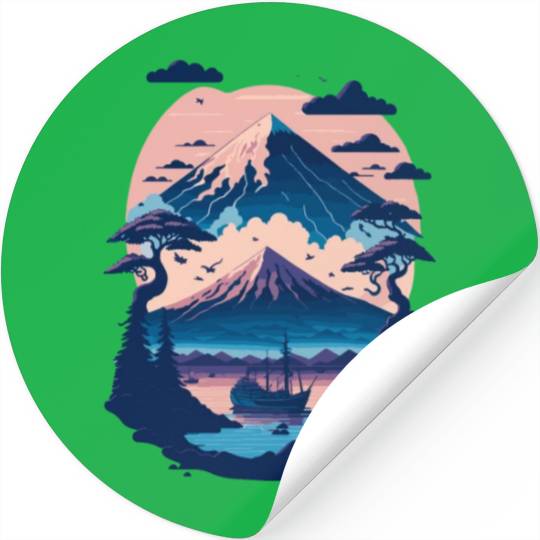 Serene Mount Fuji Sunset Peaceful River Scenery Stickers