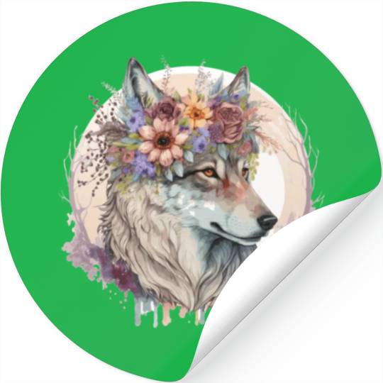 Cute Wolf Flower Crown Boho Aesthetic Animal Lover Stickers