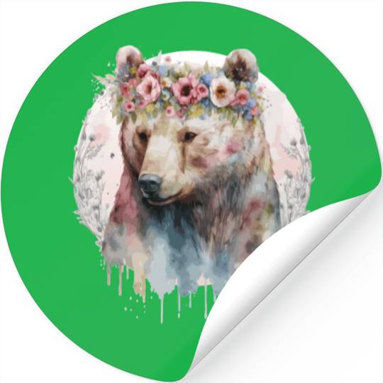 Artistic Watercolor Grizzly Bear Flower Crown Boho Stickers