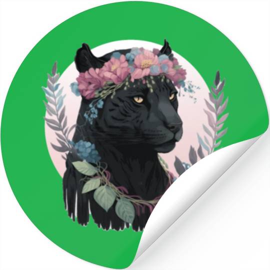 Cute Black Watercolor Panther Flower Crown Boho Ae Stickers