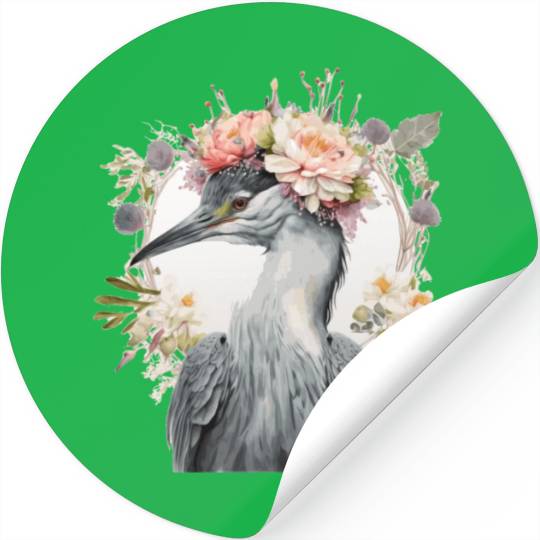 Watercolor Heron Freshwater Bird Flower Crown Flor Stickers