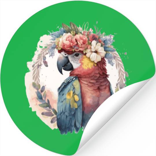 Watercolor Parrot Macaw Bird Flower Crown Pet Bird Stickers