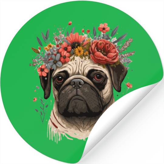 Cute Pug Flower Crown Pet Dog Breed Floral Puppy Stickers