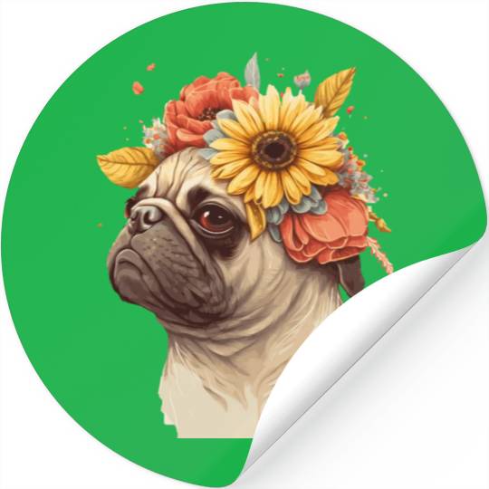 Cute Pug Flower Crown Pet Dog Breed Floral Puppy Stickers