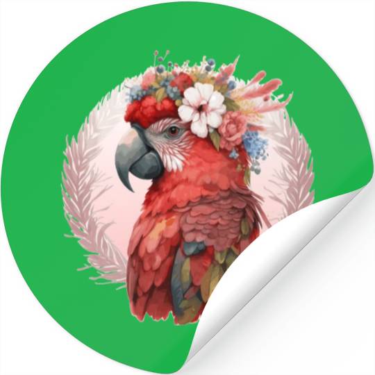 Red Scarlet Macaw Flower Crown Parrot Watercolor B Stickers