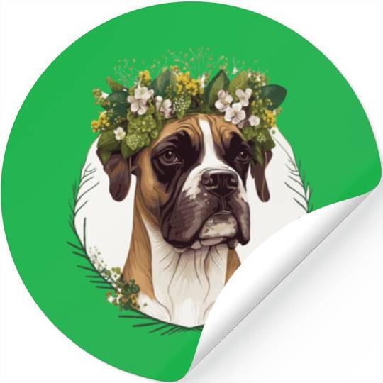 Cute Boxer Dog Flower Crown Pet Dog Floral Puppy Stickers