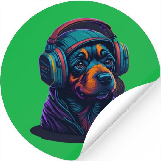 Cute Rottweiler Dog Wearing Headset for Gamer Stickers