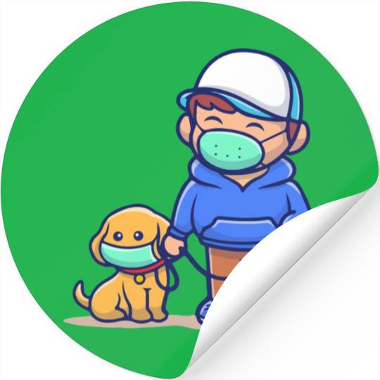 people with dog wear mask illustration corona Stickers