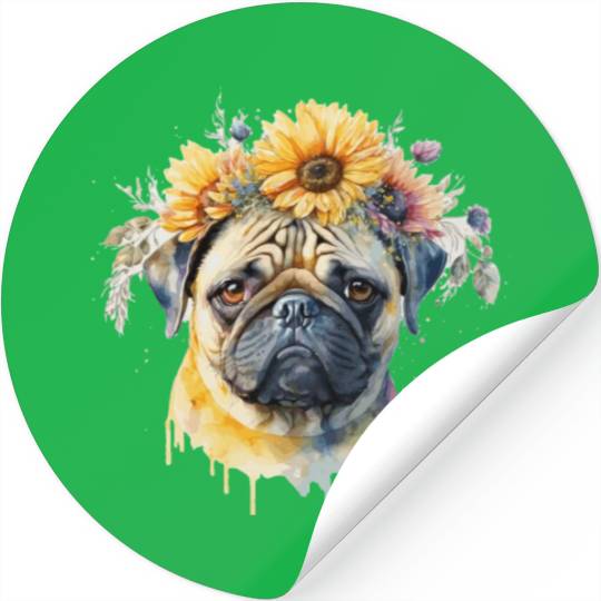 Cute Pug Sunflower Dog Breed Pet Puppy Stickers