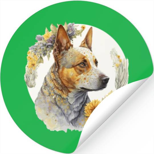 Watercolor Australian Cattle Sunflower Dog Breed P Stickers